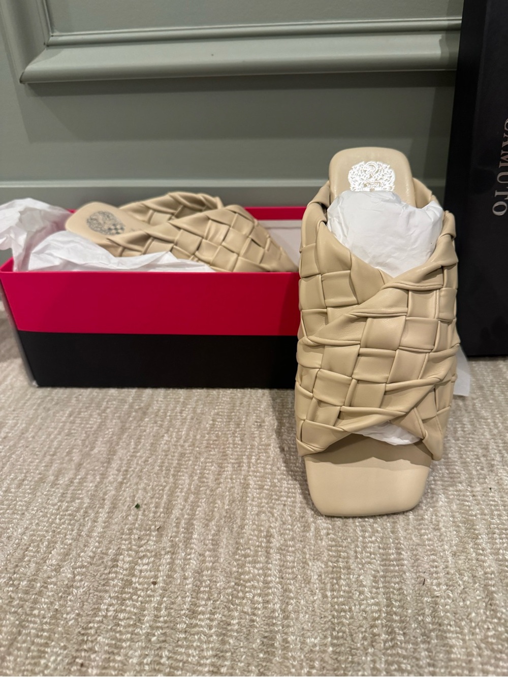 Vince Camuto Cream Woven Square-Toe Heeled Mules